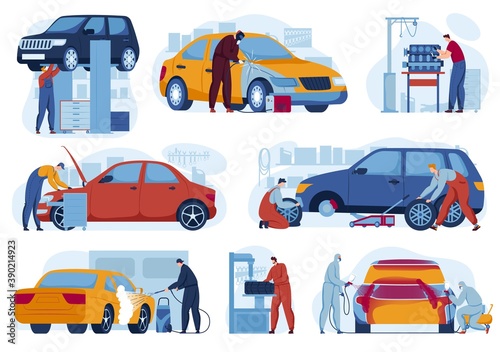 Car repair service for auto set of vector illustrations. Mechanics in auto garage tuning, car diagnostics. Wrench vehicles repairing and maintenance. Transport cleaning and repairment.