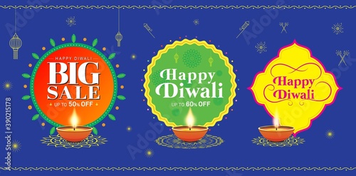 Banner design with realistic lamp on bule background for Diwali Festival celebration, Diwali logo, logo unit, logo design backfround, india festival logo photo