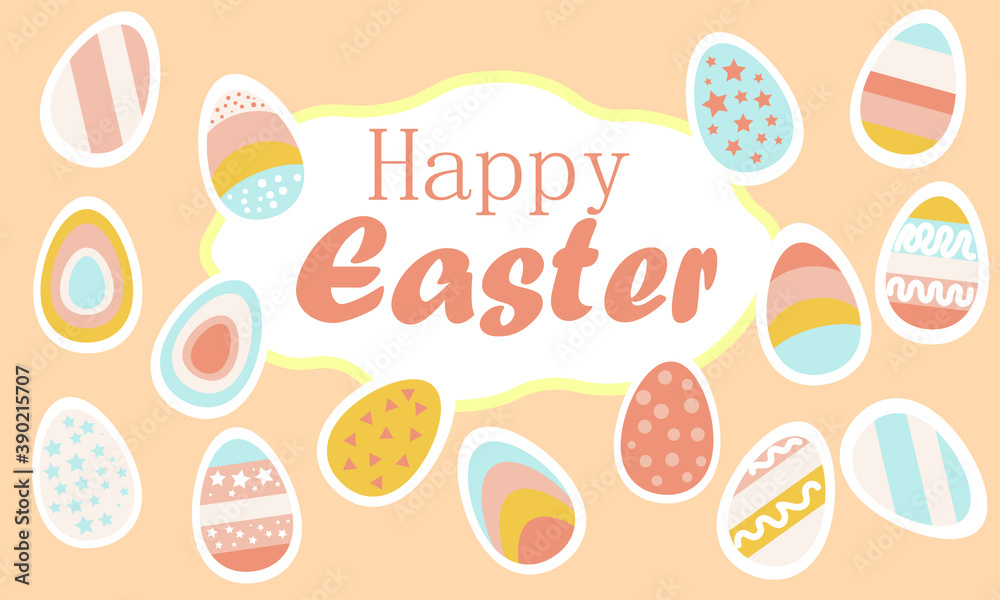 Happy Easter banner, sign. Easter eggs and happy Easter inscription. Colorful bright eggs in stripes, with stars in pink blue yellow on a pink background. Vector illustration. Happy Easter banner, sign. Easter eggs and happy Easter inscription. Colorful bright eggs in stripes, with stars in pink blue yellow on a pink background. Vector illustration.