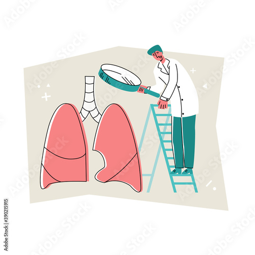 Vector illustration of doctor looking at lung organ with enlarged magnifying glass. Concept diagnostics in pulmonology, Phthisiology, infectious diseases. Can be used in web design, banners, etc.