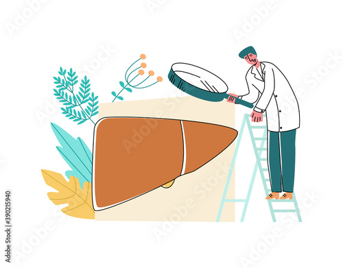 Vector illustration of doctor looking at liver through enlarged magnifying glass. Concept instrumental, laboratory diagnostics of Hepatology, hepatitis, hepatosis, cholecystitis.