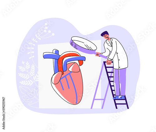 Vector illustration of doctor examining heart organ through enlarged magnifying glass. Concept diagnosis in cardiology, heart attacks, strokes, and vascular diseases.