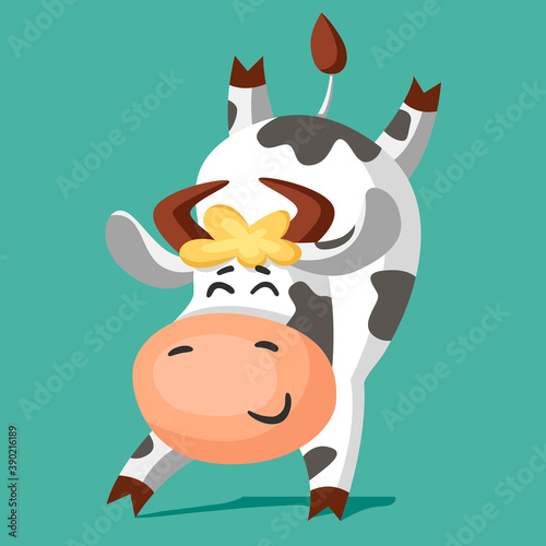 A cute funny black and white spotted cow is having fun and is standing upside down. Cartoon vector illustration