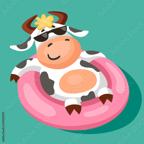 A cute funny black and white spotted cow relaxes in the pool, swimming in an inflatable ring. Cartoon vector illustration