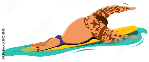 Illustration tatooed surfer caught a wave