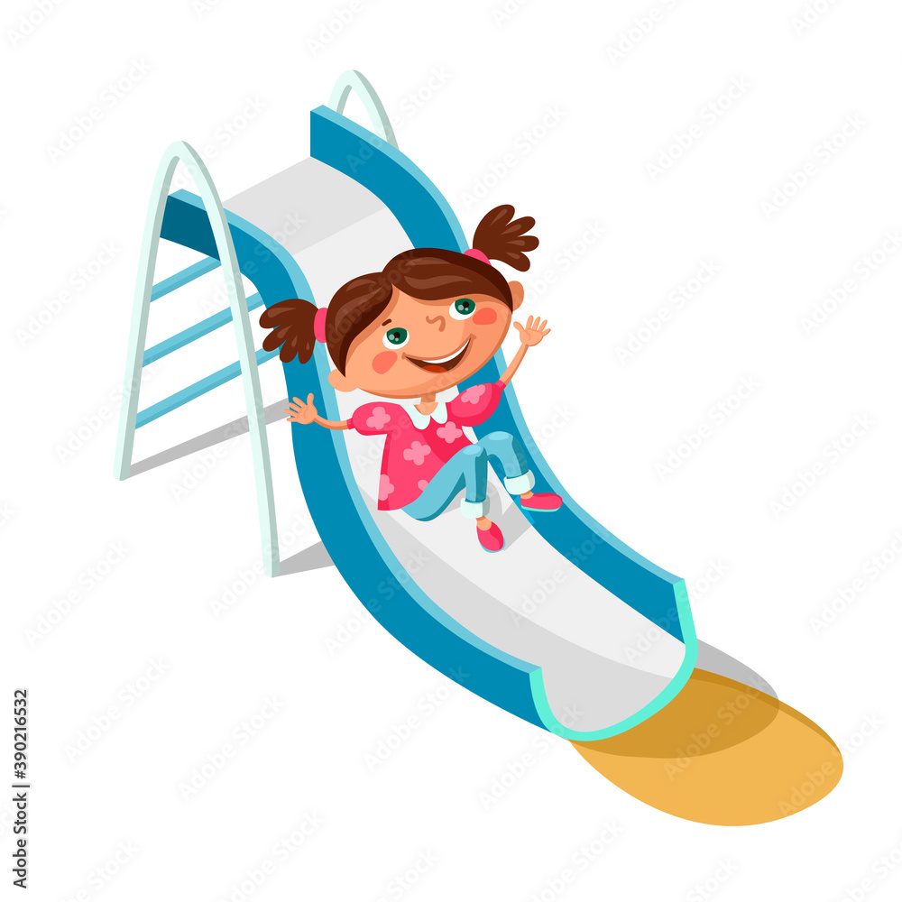The girl is sliding down the slide in the playground. Cartoon vector  illustration isolated on white background Stock Vector