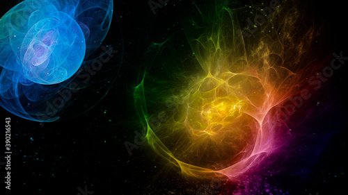 Fototapeta Naklejka Na Ścianę i Meble -  .Abstract fractal background with cosmic lights and planets. Colors of rainbow