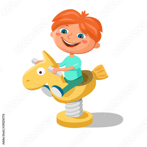 Happy boy riding on the spring rocker at playground. Cartoon vector illustration isolated on white background