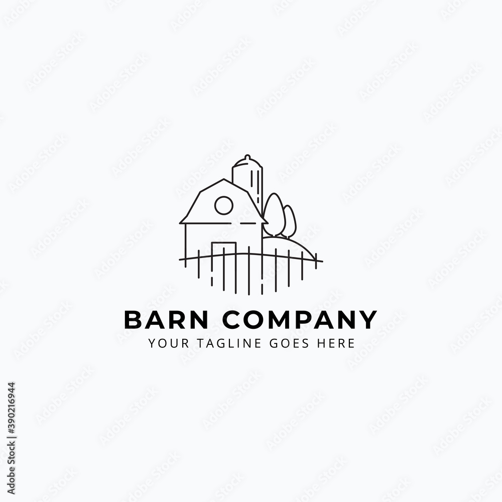 line art barn and silo with minimalist trees in the hill and fence logo vector illustration design line art barn and silo with minimalist trees in the hill and fence logo vector illustration design
