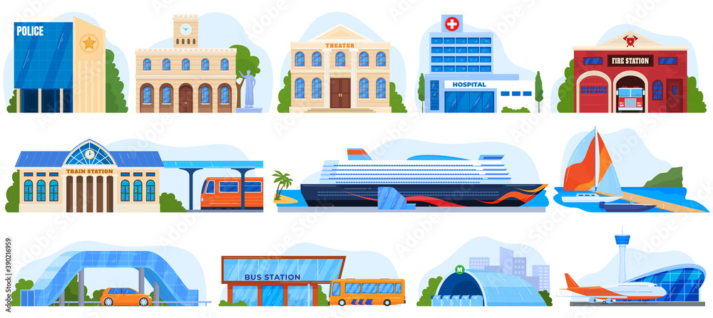 City buildings, architecture set of vector illustrations. Social services. Post office, fire station, police department and hospital. Urban buildings, port, pier, railway and bus station. Airport. City buildings, architecture set of vector illustrations. Social services. Post office, fire station, police department and hospital. Urban buildings, port, pier, railway and bus station. Airport.
