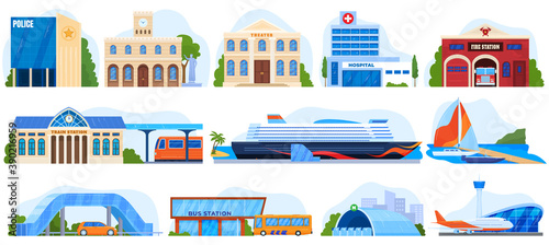 City buildings, architecture set of vector illustrations. Social services. Post office, fire station, police department and hospital. Urban buildings, port, pier, railway and bus station. Airport.
