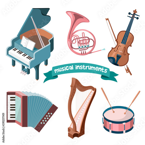 Set of cartoon musical instruments - grand piano, French horn, violin, accordion, harp and drum. Classical music. Vector illustration isolated on white background.