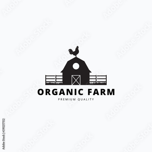 Rooster and barn with fence and grass in silhouette logo vector illustration design