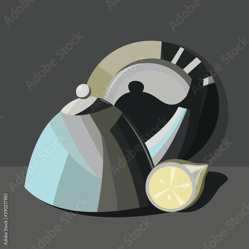 Still life  abstract with teapot and lemon