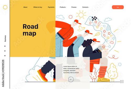 Business topics - road map, web template, header. Flat style modern outlined vector concept illustration. A group of people wearing traveling clothes looking at the road map. Business metaphor.