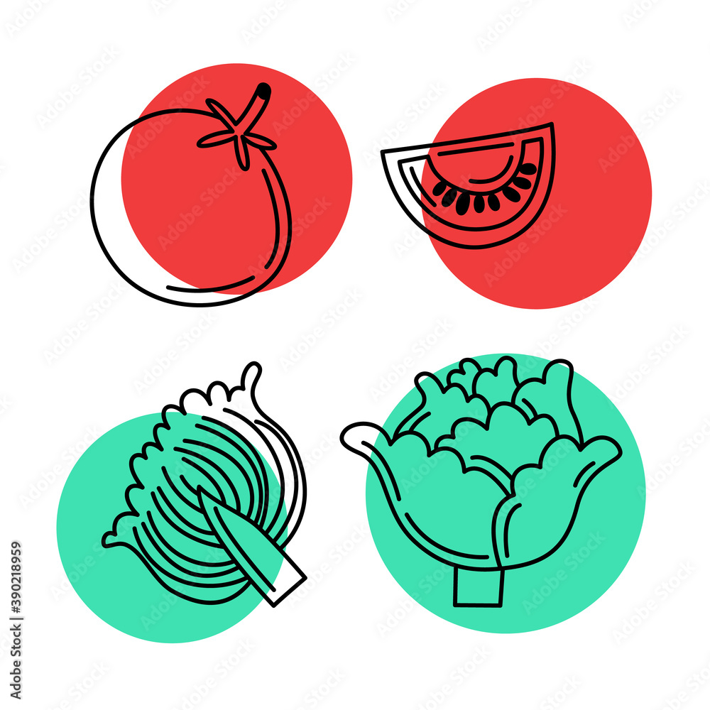 Vector vegetables. Set of icons. Linear tomatoes and cabbage on a bright circle Vector vegetables. Set of icons. Linear tomatoes and cabbage on a bright circle