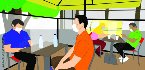 
Ilustración de personas respetando las normas de seguridad en un restaurante ubicado al aire libre por el coronavirus, con sus respectivas máscaras y alejamiento social, esperando ser atendidas