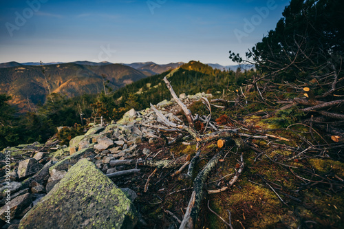 A close up of a rock mountain. Mountain trail