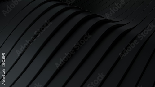 Abstract background with black wavy stripes. Abstract cut paper stripes. Soft light effect. Modern black background template for documents, reports and presentations. Sci-Fi Futuristic. 3d rendering