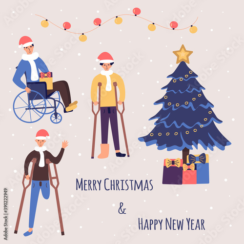 Disabled people are celebrating Christmas and New Year and smile happily. Guy in wheelchair, guy with amputated leg, guy in cast on crutches. Christmas tree with gifts. Colorful cartoon vector