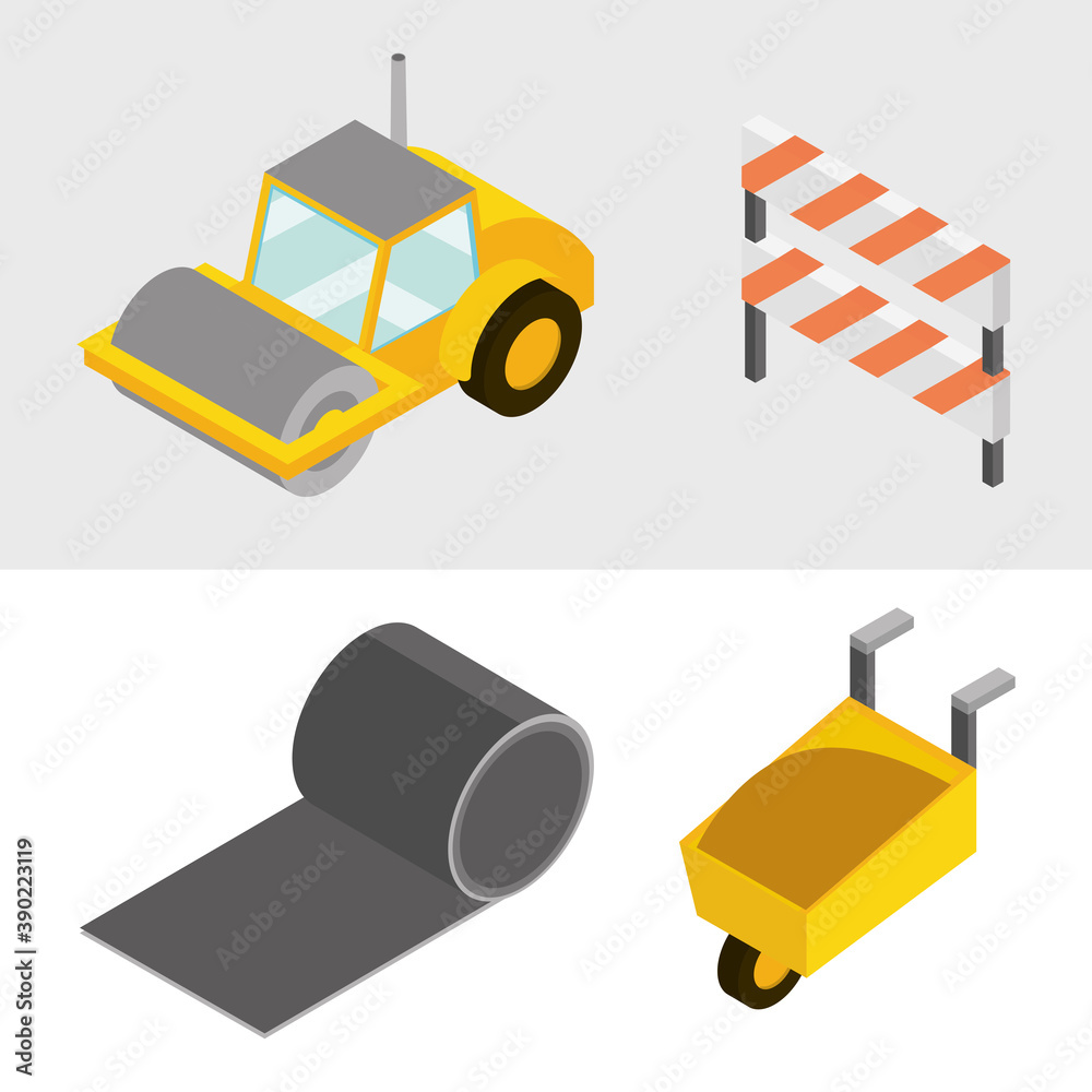 Naklejka premium construction set icons road roller truck wheelbarrow and barricade isometric