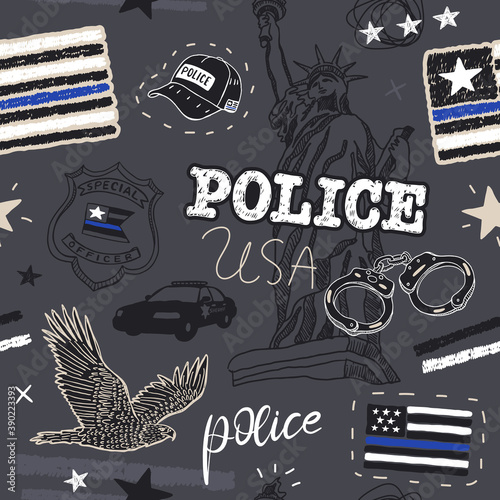 Vector seamless pattern with USA police flag, handcuffs, Statue of Liberty, lettering, stars and police car. Cool military background for design postcard, poster, banner for American holidays.