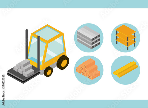 construction set icons with forklift wooden and shelf isometric
