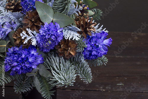 Detail close-up winter bouquet of Nobil fir twigs, blue hyacinths and cones, winter gift concept photo