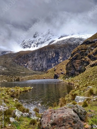 Trekking to Laguna 69  Huaraz  Peru. In Huascar  n National Park  this lagoon lake is at 4650m above sea level. The hike can be challenging due to the high altitude but it has outstanding landscapes.
