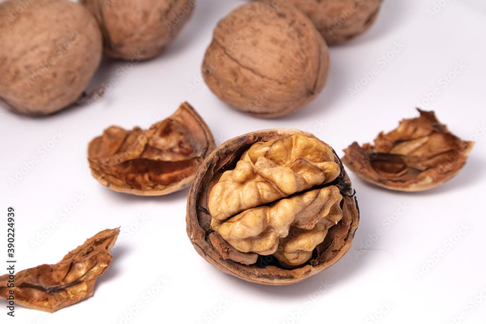 Walnuts isolated on white background. Walnut kernels and whole walnuts Walnuts isolated on white background. Walnut kernels and whole walnuts