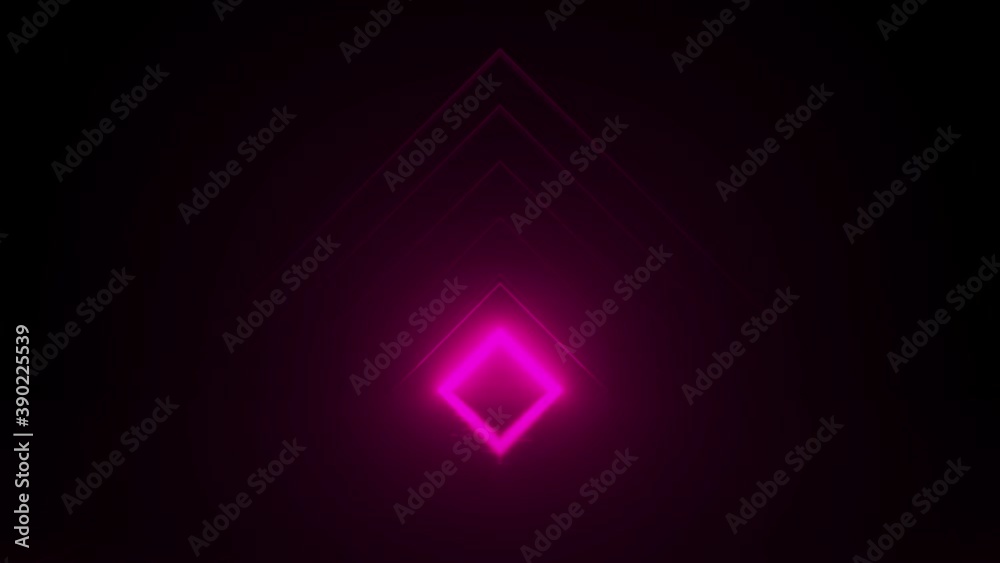 Pyramid consisting of pink neon glowing light stripes on black background. Luminous lines in a dark space. Rhythmic blinking, VJ concept. 3d animation loop of 4K