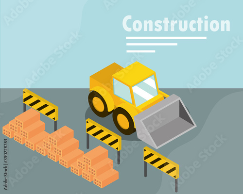 construction bulldozer barriers and bricks isometric