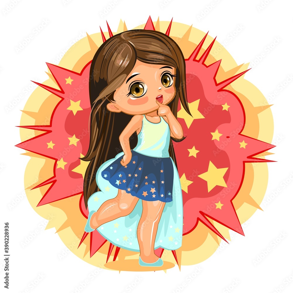 A cute little girl dressed as a princess. Cheerful funny child in a good mood. The isolated object on a white background. Young baby. Cartoon flat style. Vector A cute little girl dressed as a princess. Cheerful funny child in a good mood. The isolated object on a white background. Young baby. Cartoon flat style. Vector