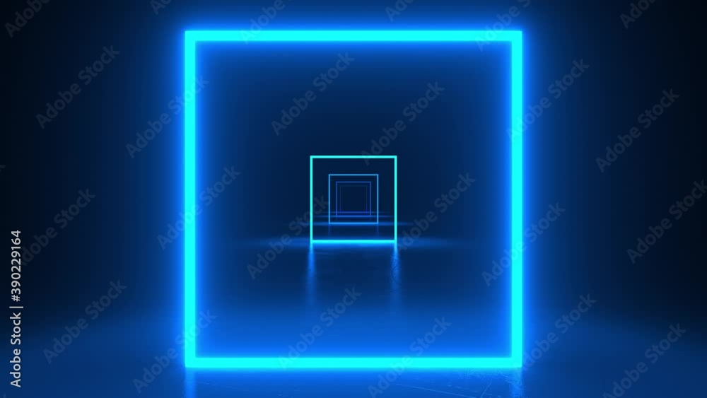 Squares neon blue light in black hall room. Abstract sci fi geometric background. Corridor. Futuristic concept. Glowing in concrete floor room with reflections. Moving forward. 3d animation loop of 4K