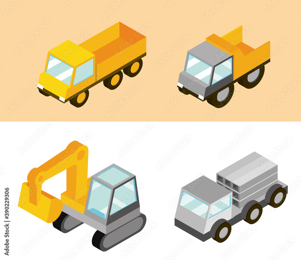 construction trucks machine transport and work isometric