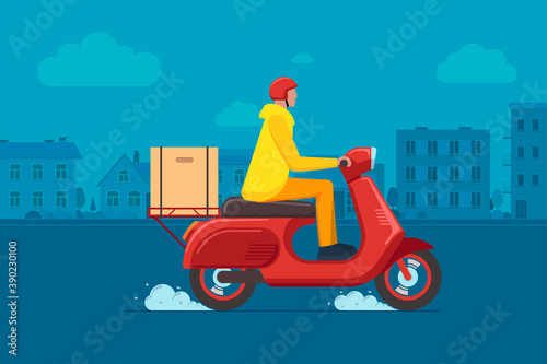 Express town delivery service courier on scooter concept. Online fast logistic male on bicycle moped with orders parcel box on cityscape street. Goods or food carrying vector flat illustration