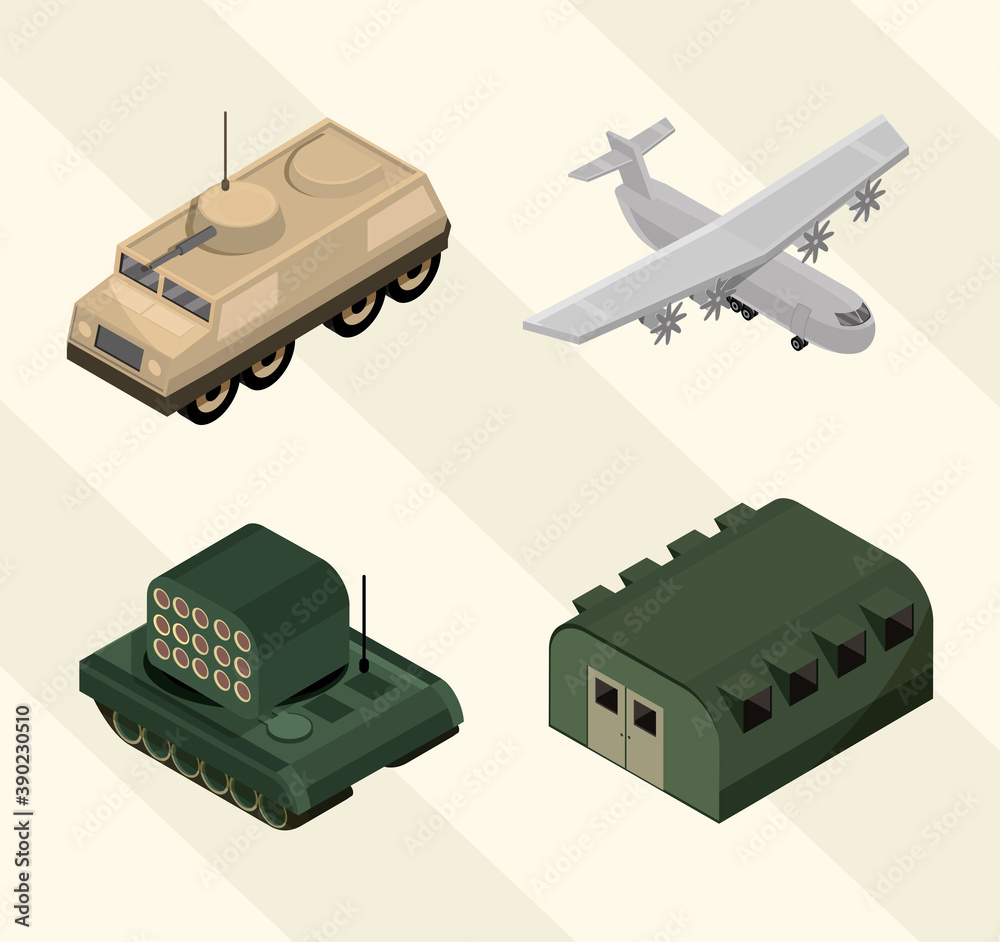 Fototapeta premium military icons set with barracks, airplane, tank and armored tank