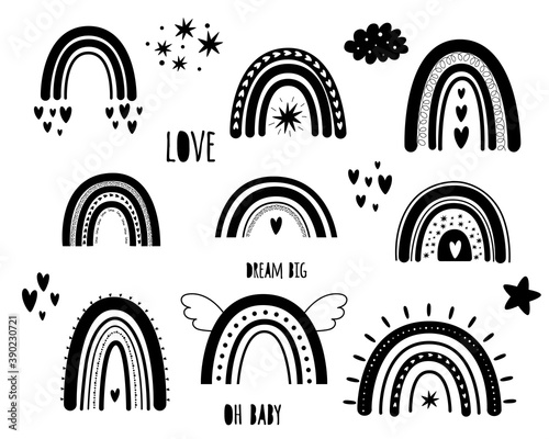 Boho rainbow set. Cute doodle rainbow kids design Baby shower, birthday, kids party elements. Doodle clipart.