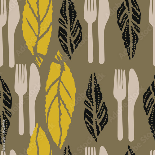 Vector leaves and cutlery seamless pattern, suitable for food packaging, shopping bags, tea towels and other design projects. 