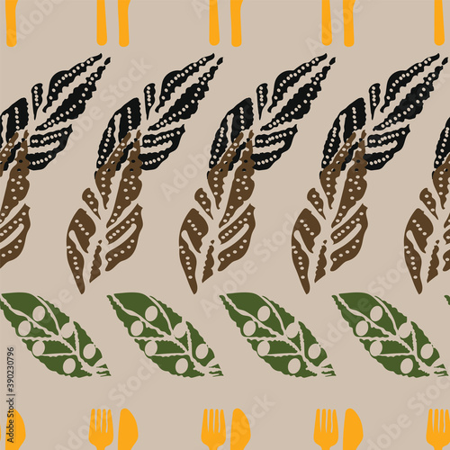 Vector leaves and cutlery seamless pattern, suitable for food packaging, shopping bags, tea towels and other design projects. 