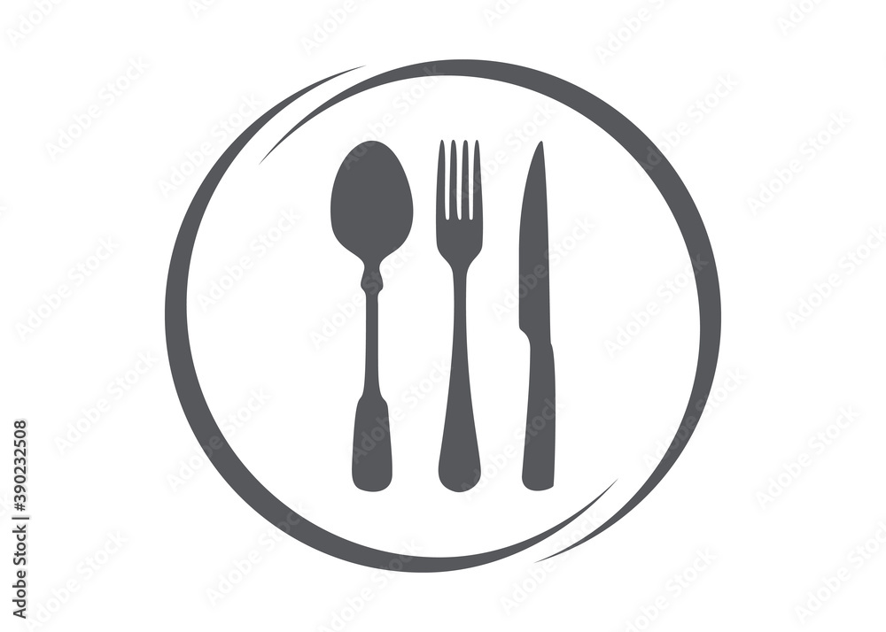 Plate logo with knife, spoon and fork on a white background. Plate logo with knife, spoon and fork on a white background.