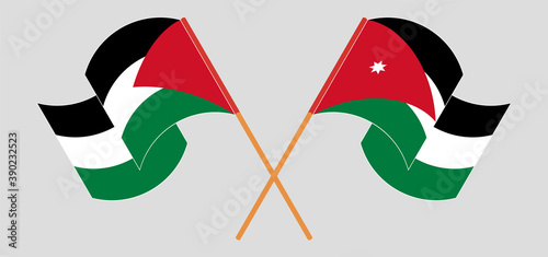 Crossed and waving flags of Palestine and Jordan
