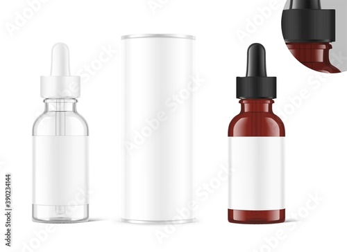 High realistic transparent and brown glass dropper bottle mockups with tube. Vector illustration isolated on white background. Сan be used for cosmetic, medical and other needs. EPS10.	