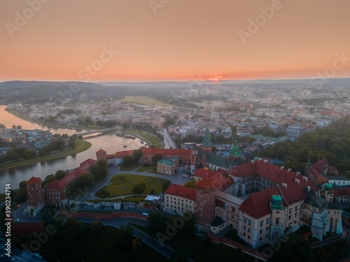 Aerial view of Wawel castle in Krakow, Poland during a foggy day