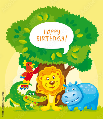 Cute baby animals: hippo, lion, crocodile and parrot. Vector illustration with cartoon characters for greeting card for birthday, cover or poster on the zoo theme for children.