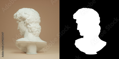 Head of Michelangelo's David isolated on beige background, via an black and white alpha channel. 3d render illustration.	