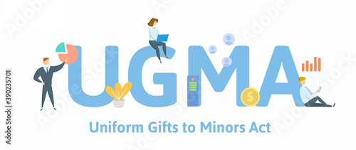 UGMA, Uniform Gifts to Minors Act. Concept with keywords, people and icons. Flat vector illustration. Isolated on white background.