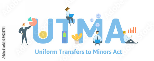 UTMA, Uniform Transfers to Minors Act. Concept with keyword, people and icons. Flat vector illustration. Isolated on white background.