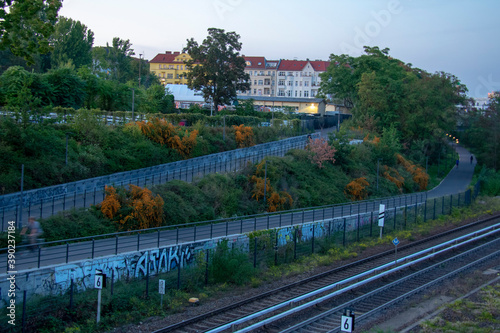 Sunset landscape of railway and gleisdreieck park in Schoneberg Berlin Germany