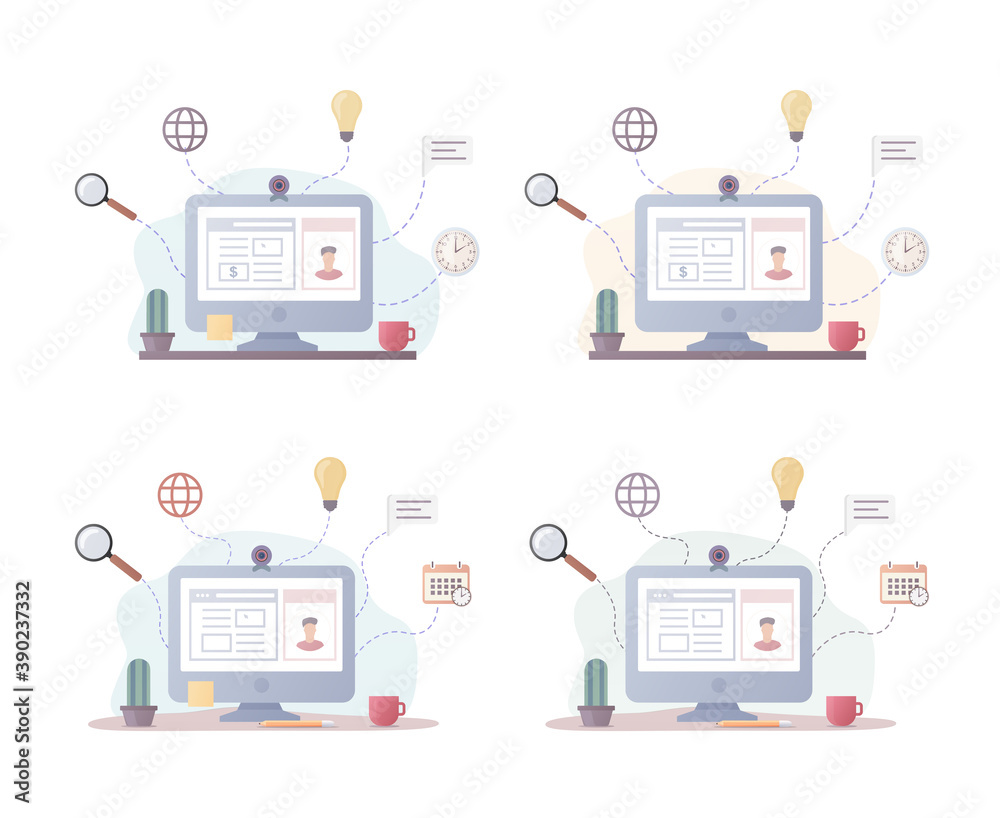 Home office work. Workplace set. Flat vector illustration. Computer and work tasks. Isolated on white background. Home office work. Workplace set. Flat vector illustration. Computer and work tasks. Isolated on white background.